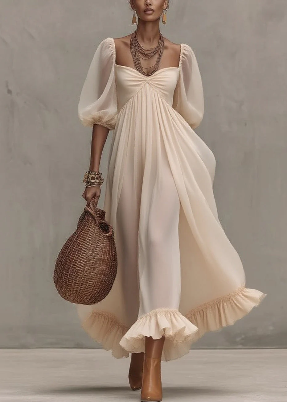Boutique Beige Ruffled Puff Sleeve Patchwork Chiffon Dresses - Image 5