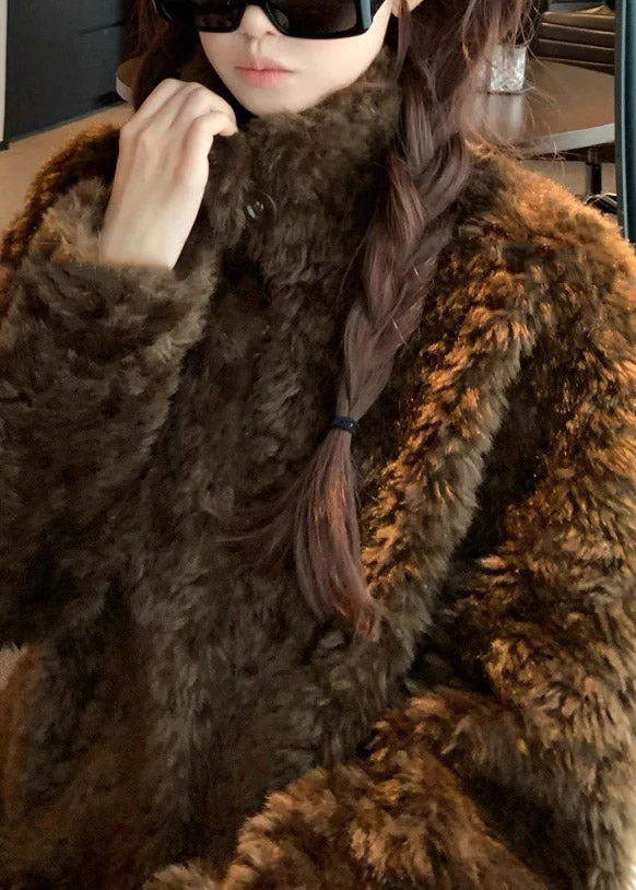 Boutique Beige Stand Collar Button Faux Fur Coat Winter - Image 3