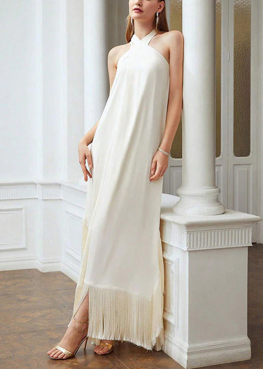 Boutique Beige Tasseled Off The Shoulder Dress Sleeveless - Image 3
