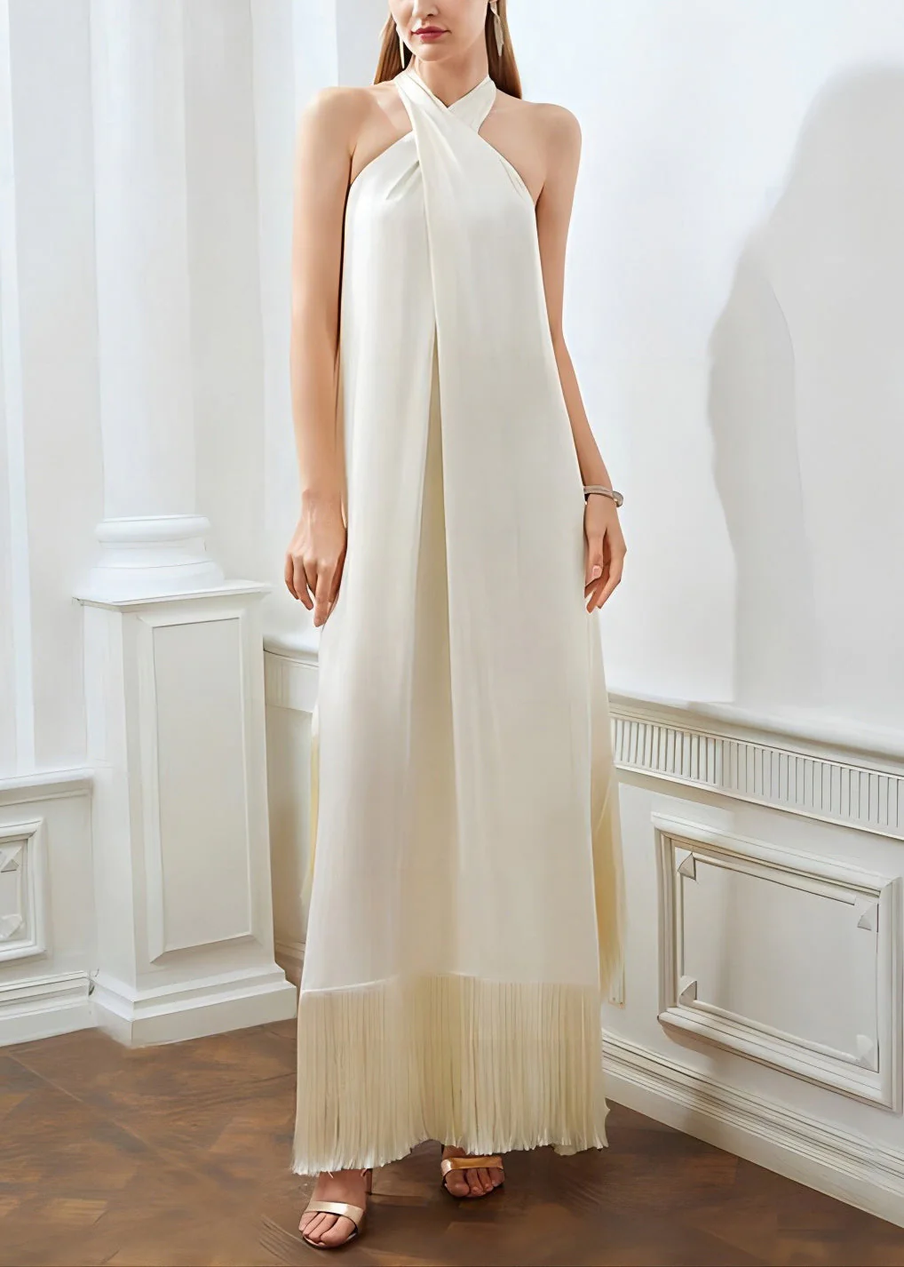 Boutique Beige Tasseled Off The Shoulder Dress Sleeveless - Image 4
