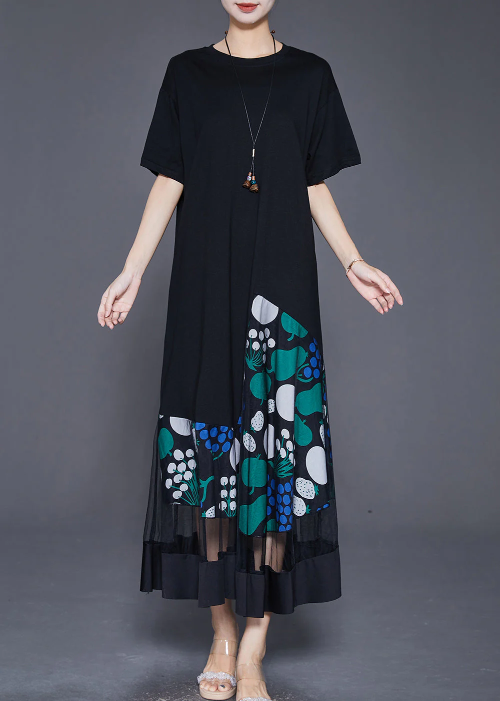 Boutique Black Asymmetrical Patchwork Hollow Out Cotton Long Dress Summer - Image 2