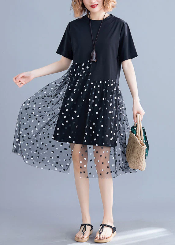 Boutique Black Asymmetrical Tulle Patchwork Cotton Dresses Summer - Image 2