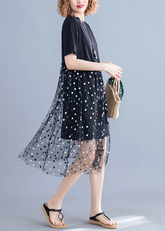 Boutique Black Asymmetrical Tulle Patchwork Cotton Dresses Summer - Image 4