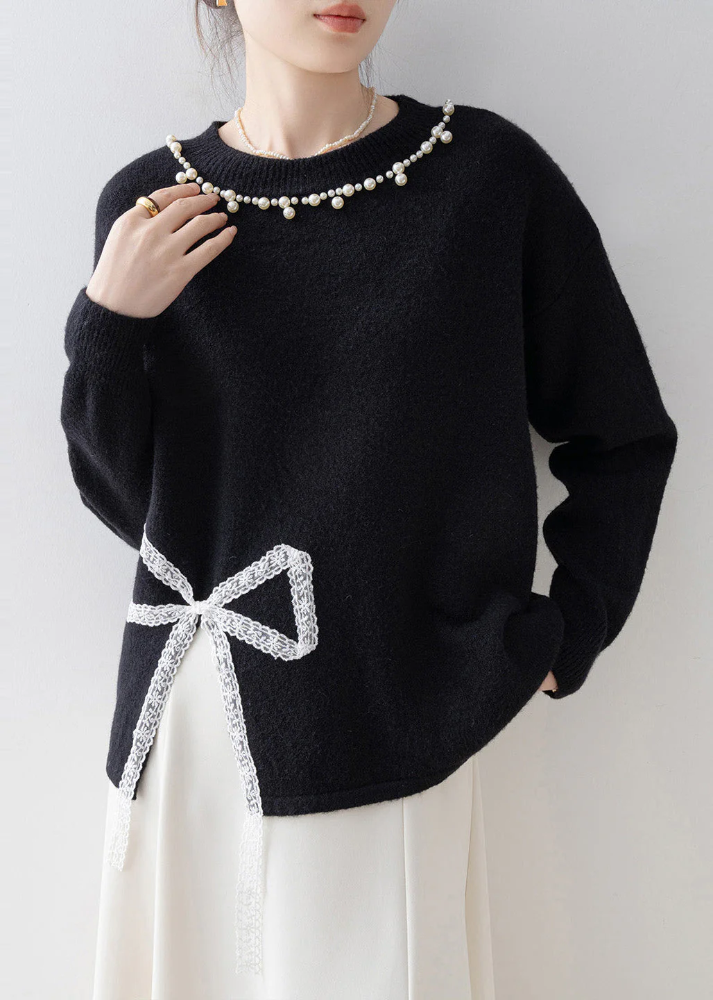 Boutique Black Bow Nail Bead Knit Pullover Winter - Image 2