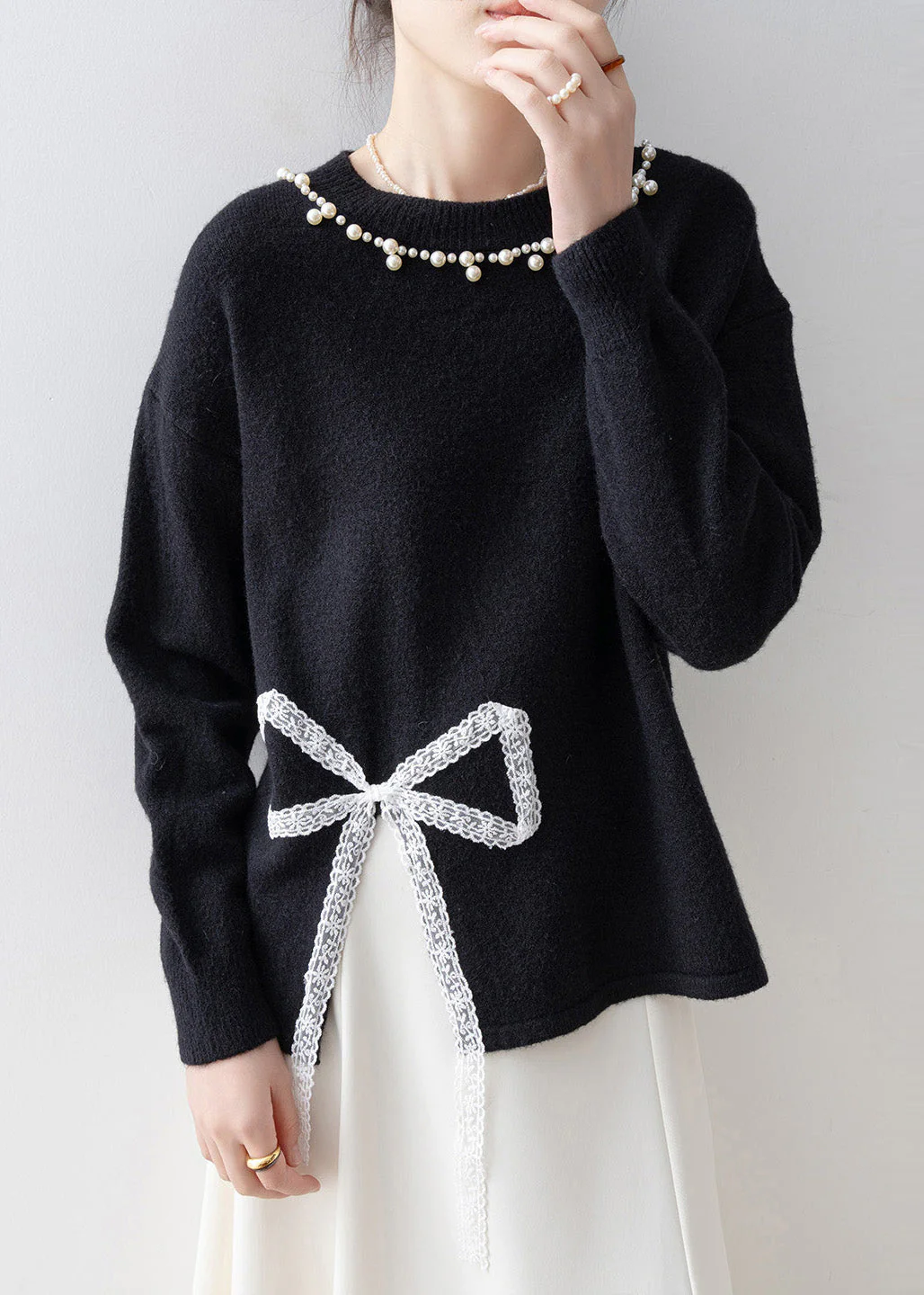 Boutique Black Bow Nail Bead Knit Pullover Winter - Image 3