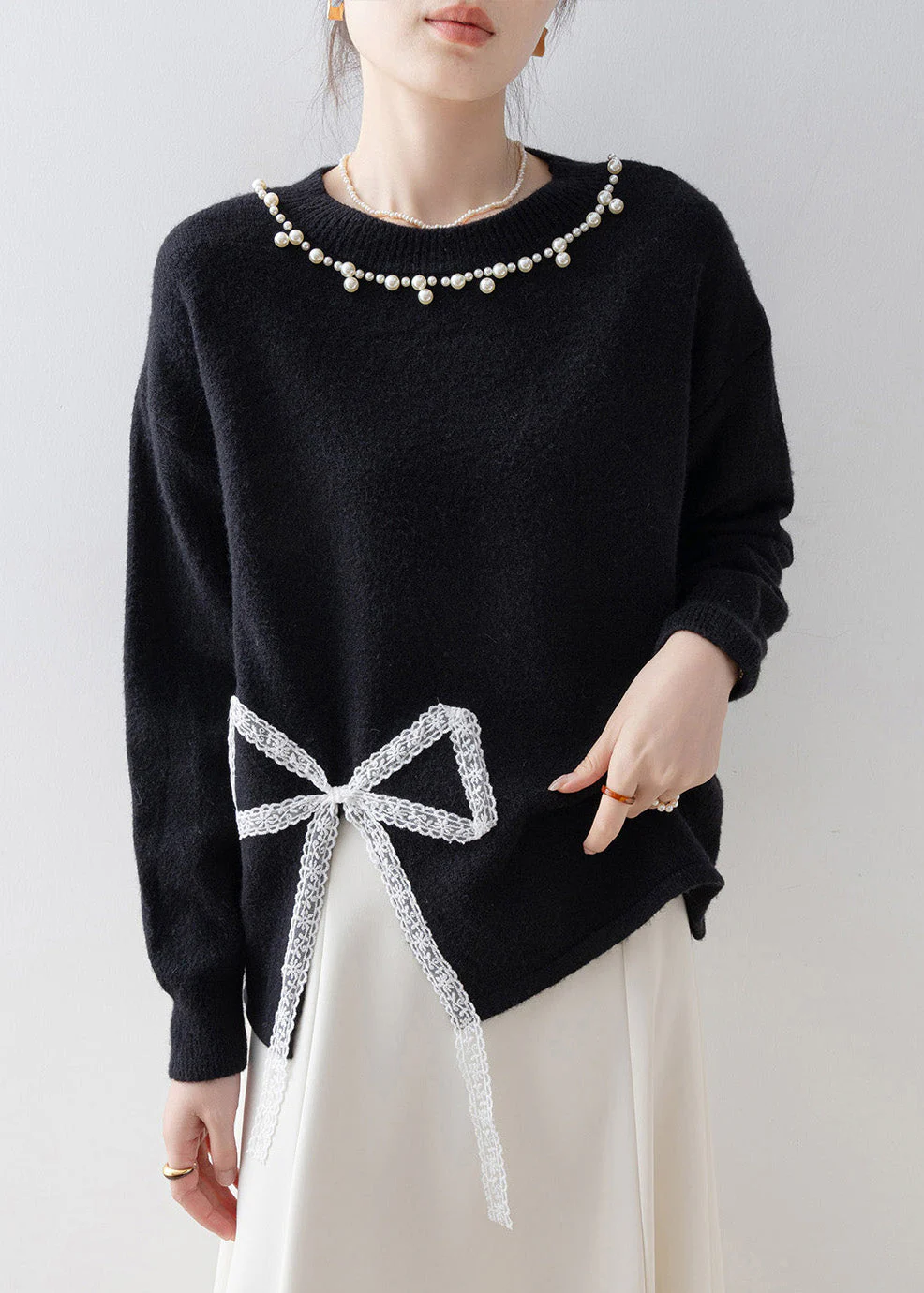 Boutique Black Bow Nail Bead Knit Pullover Winter - Image 4