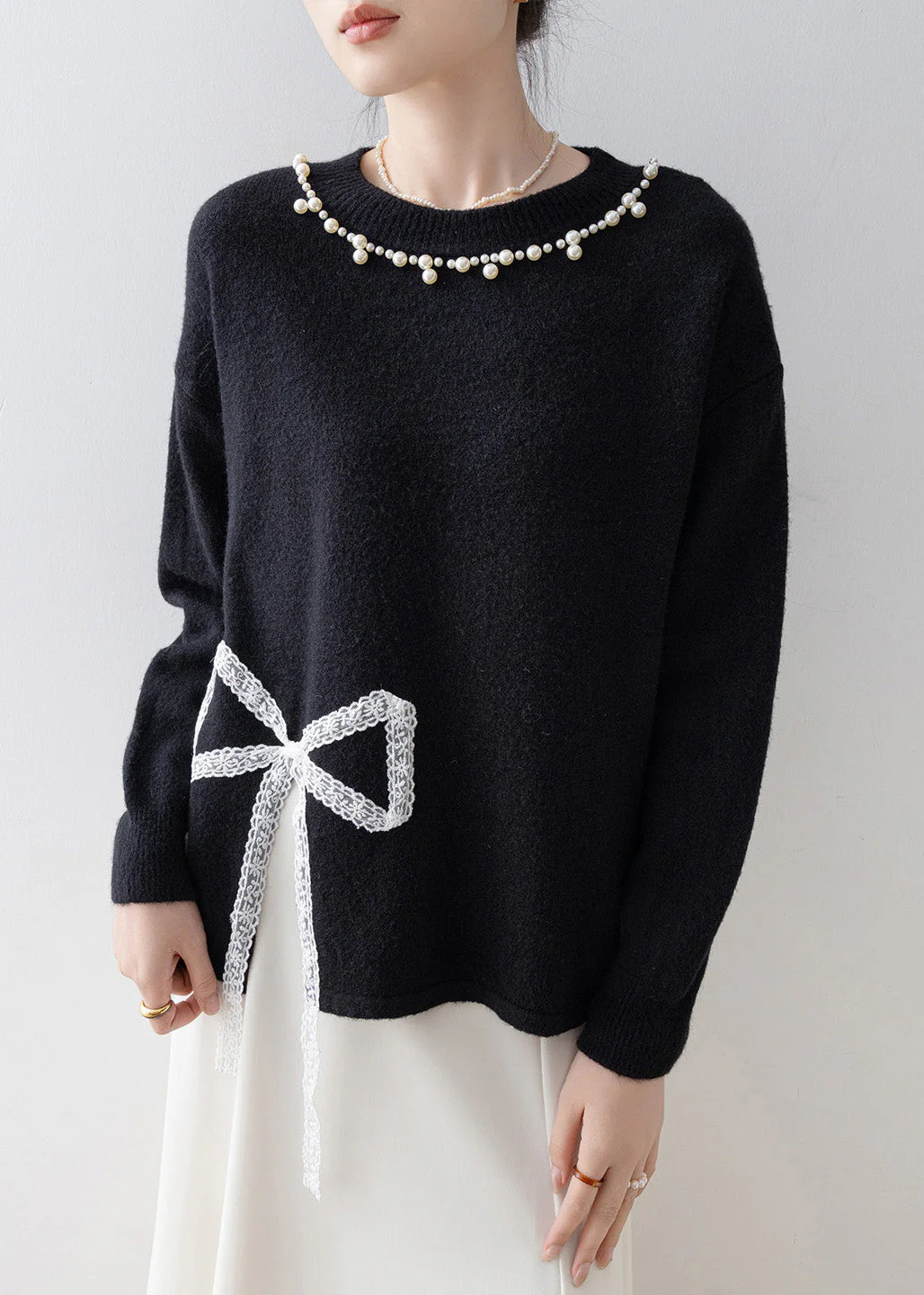 Boutique Black Bow Nail Bead Knit Pullover Winter - Image 5