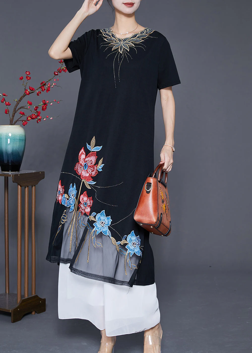 Boutique Black Embroideried Floral Patchwork Tulle Cotton Vacation Dresses Summer - Image 2