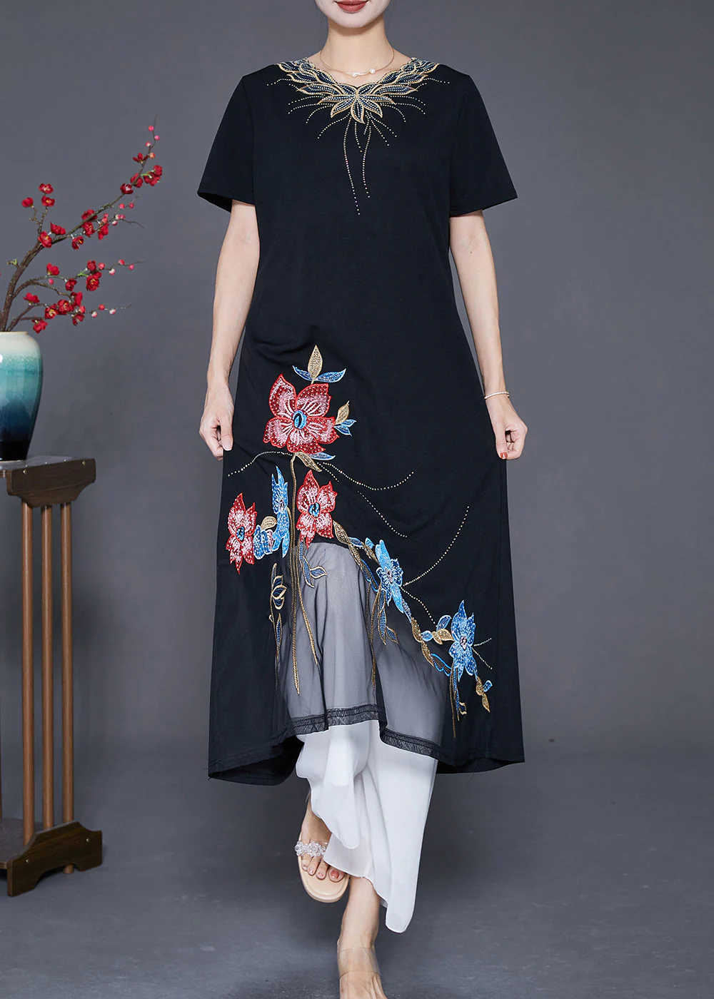 Boutique Black Embroideried Floral Patchwork Tulle Cotton Vacation Dresses Summer - Image 3