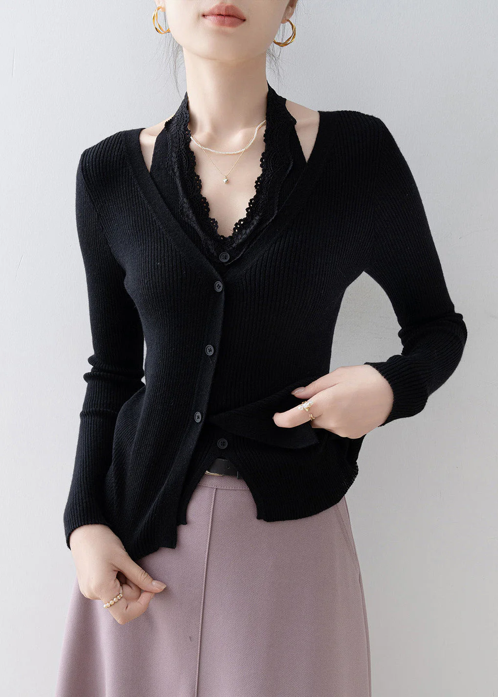Boutique Black Lace Patchwork False Two Pieces Knitted Tops Spring - Image 2