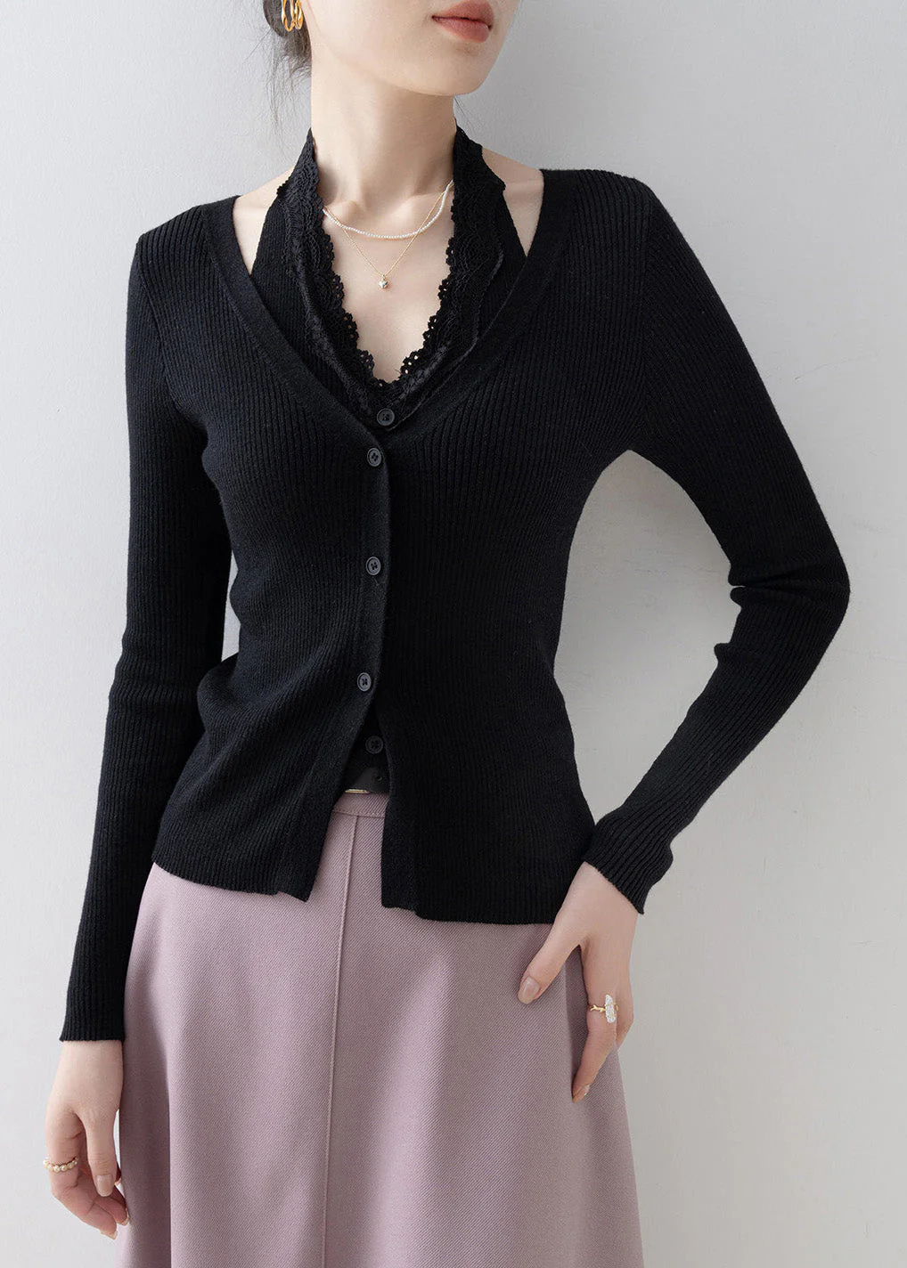 Boutique Black Lace Patchwork False Two Pieces Knitted Tops Spring - Image 3