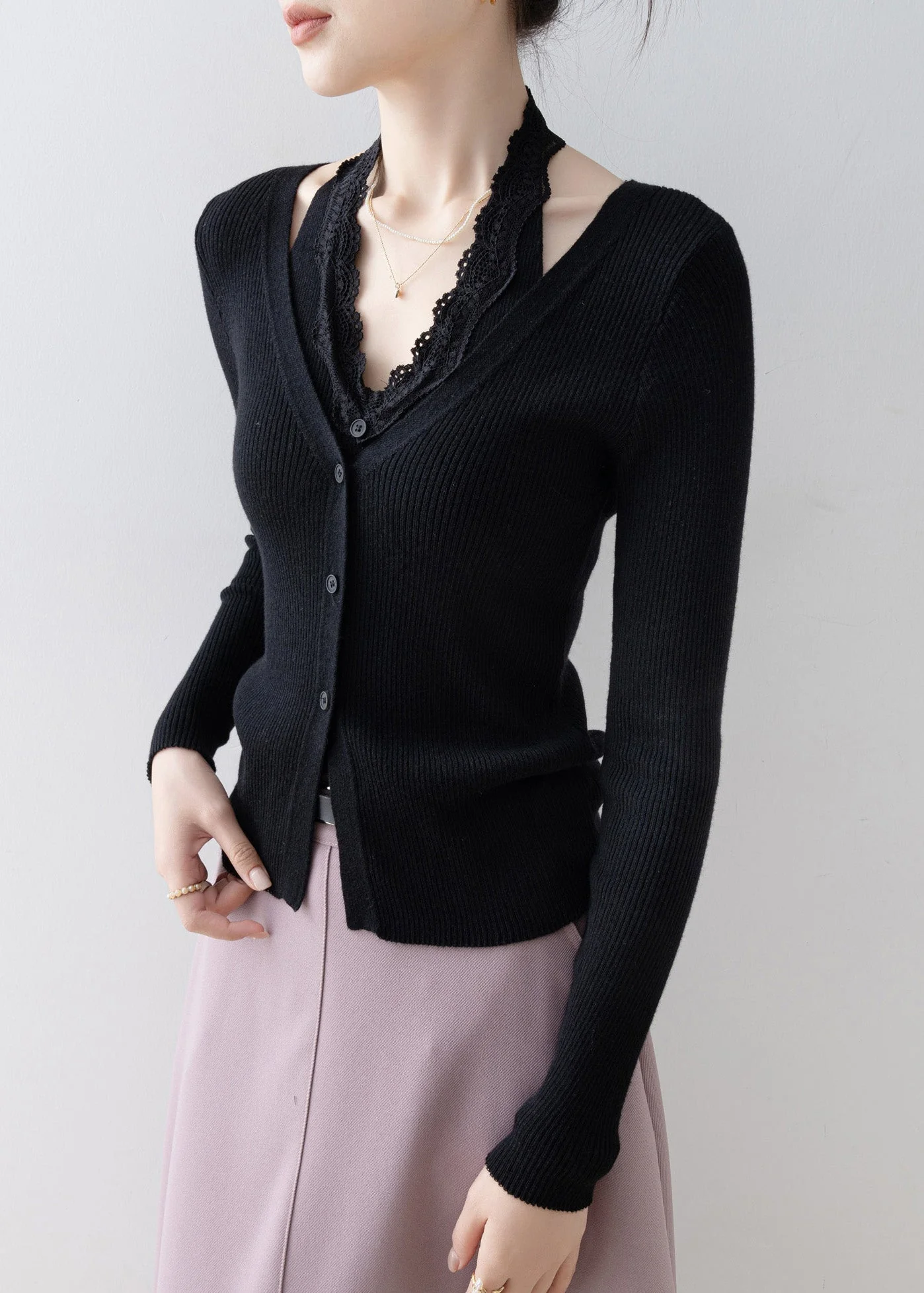 Boutique Black Lace Patchwork False Two Pieces Knitted Tops Spring - Image 4