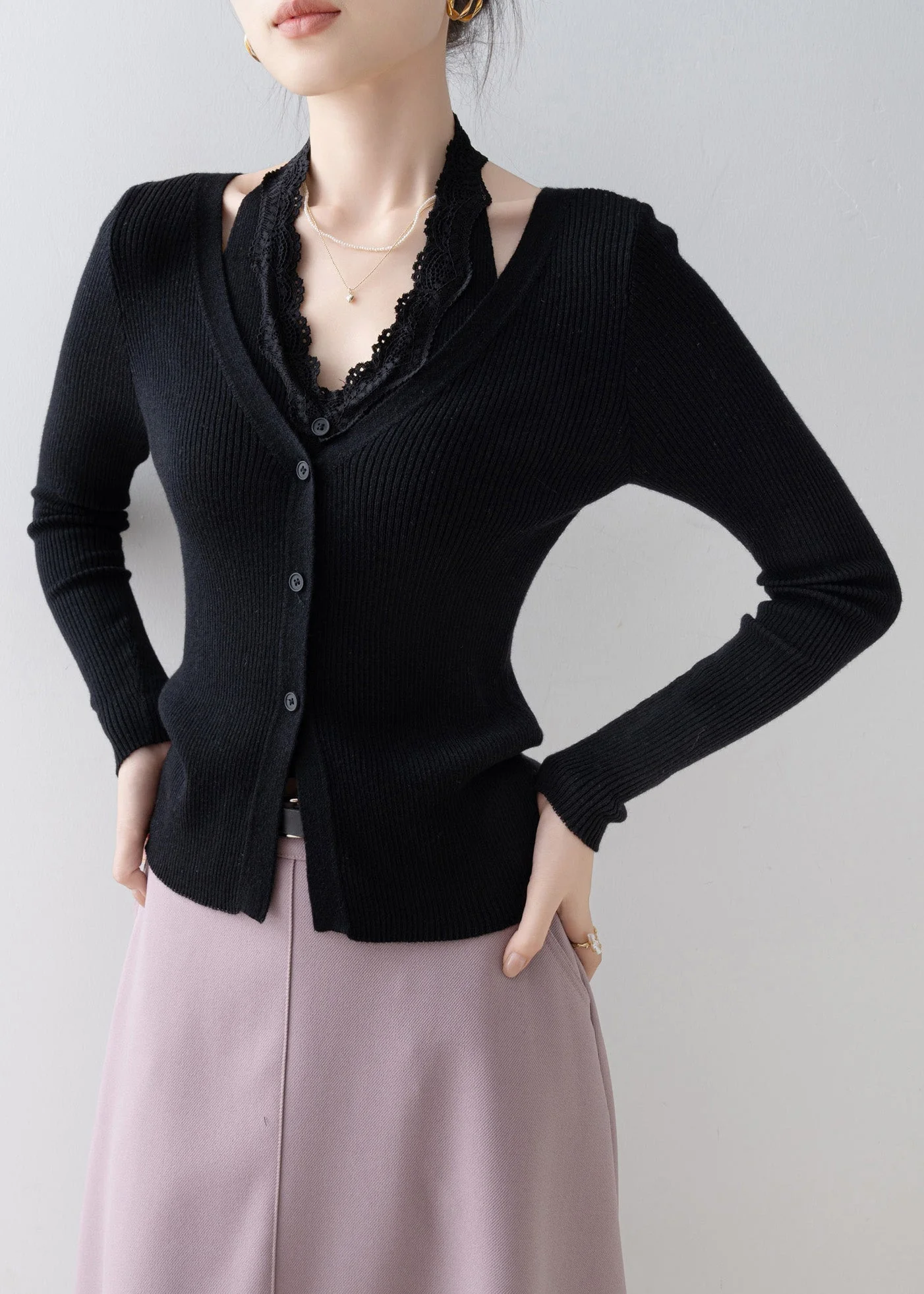 Boutique Black Lace Patchwork False Two Pieces Knitted Tops Spring - Image 5