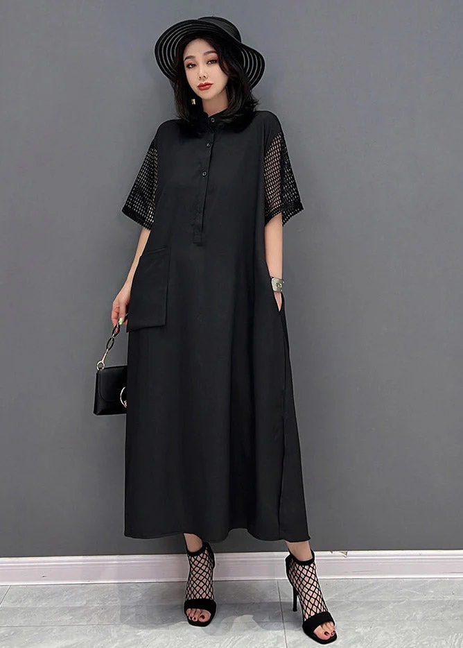 Boutique Black O-Neck Button Pockets Side Open Dress Short Sleeve - Image 2