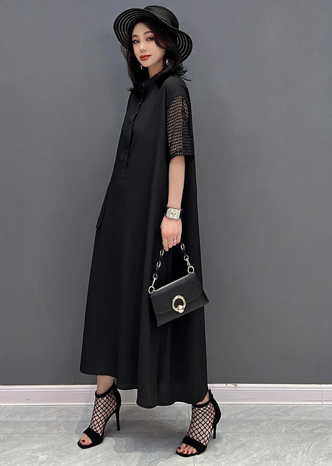 Boutique Black O-Neck Button Pockets Side Open Dress Short Sleeve - Image 3