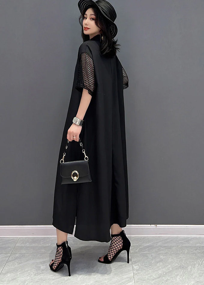 Boutique Black O-Neck Button Pockets Side Open Dress Short Sleeve - Image 4