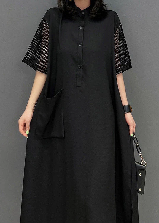 Boutique Black O-Neck Button Pockets Side Open Dress Short Sleeve - Image 5