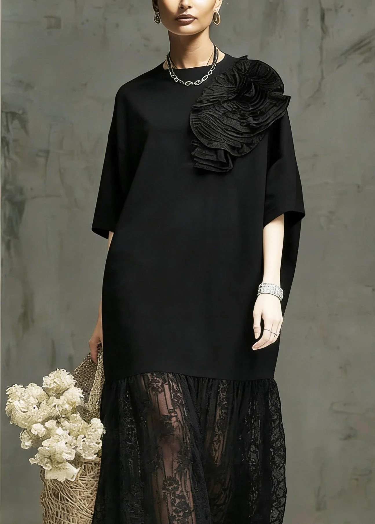 Boutique Black O Neck Floral Lace Patchwork Cotton Dress Summer - Image 2