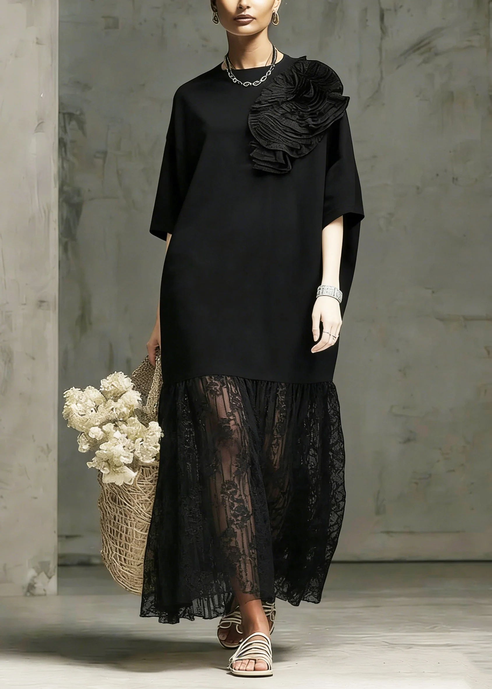 Boutique Black O Neck Floral Lace Patchwork Cotton Dress Summer - Image 5