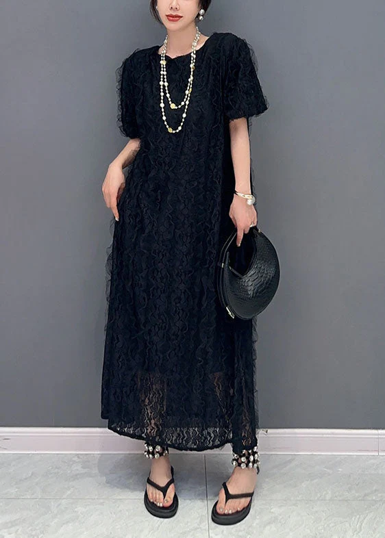 Boutique Black O-Neck Ruffled Patchwork Long Lace Dress Summer - Image 2