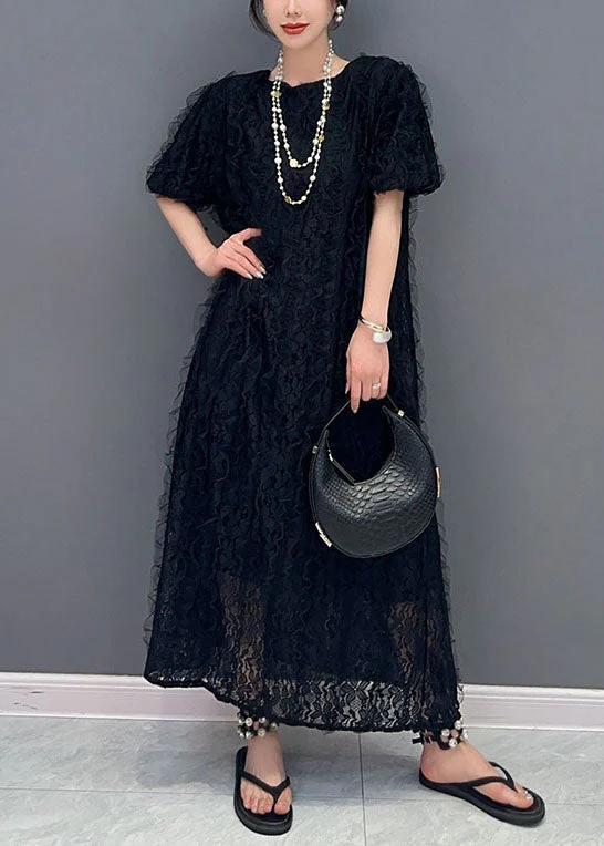 Boutique Black O-Neck Ruffled Patchwork Long Lace Dress Summer - Image 3