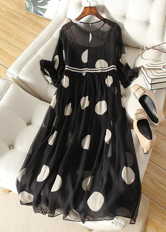 Boutique Black O-Neck Tie Waist Dot Print Chiffon Long Dresses Flare Sleeve - Image 2