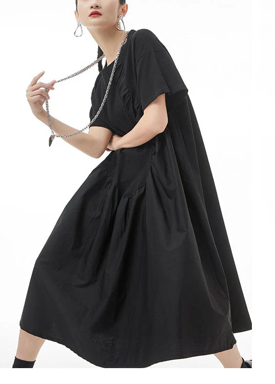 Boutique Black O-Neck Wrinkled Vacation Dresses Short Sleeve - Image 2
