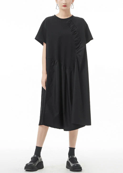 Boutique Black O-Neck Wrinkled Vacation Dresses Short Sleeve - Image 3