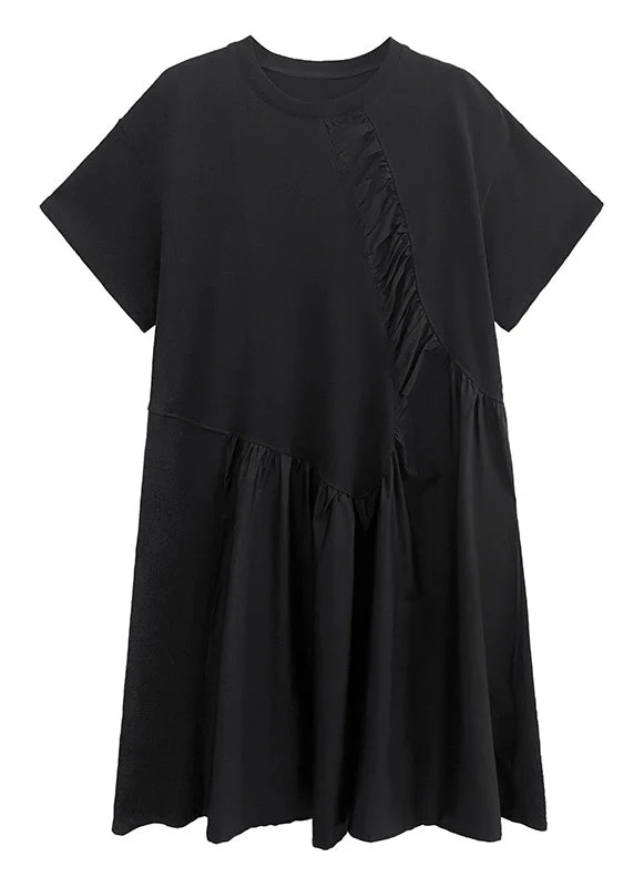 Boutique Black O-Neck Wrinkled Vacation Dresses Short Sleeve - Image 4
