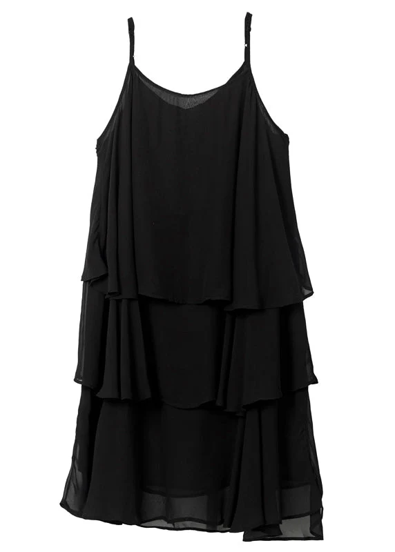 Boutique Black Oversized Layered Design Chiffon Spaghetti Strap Dresses Summer - Image 5