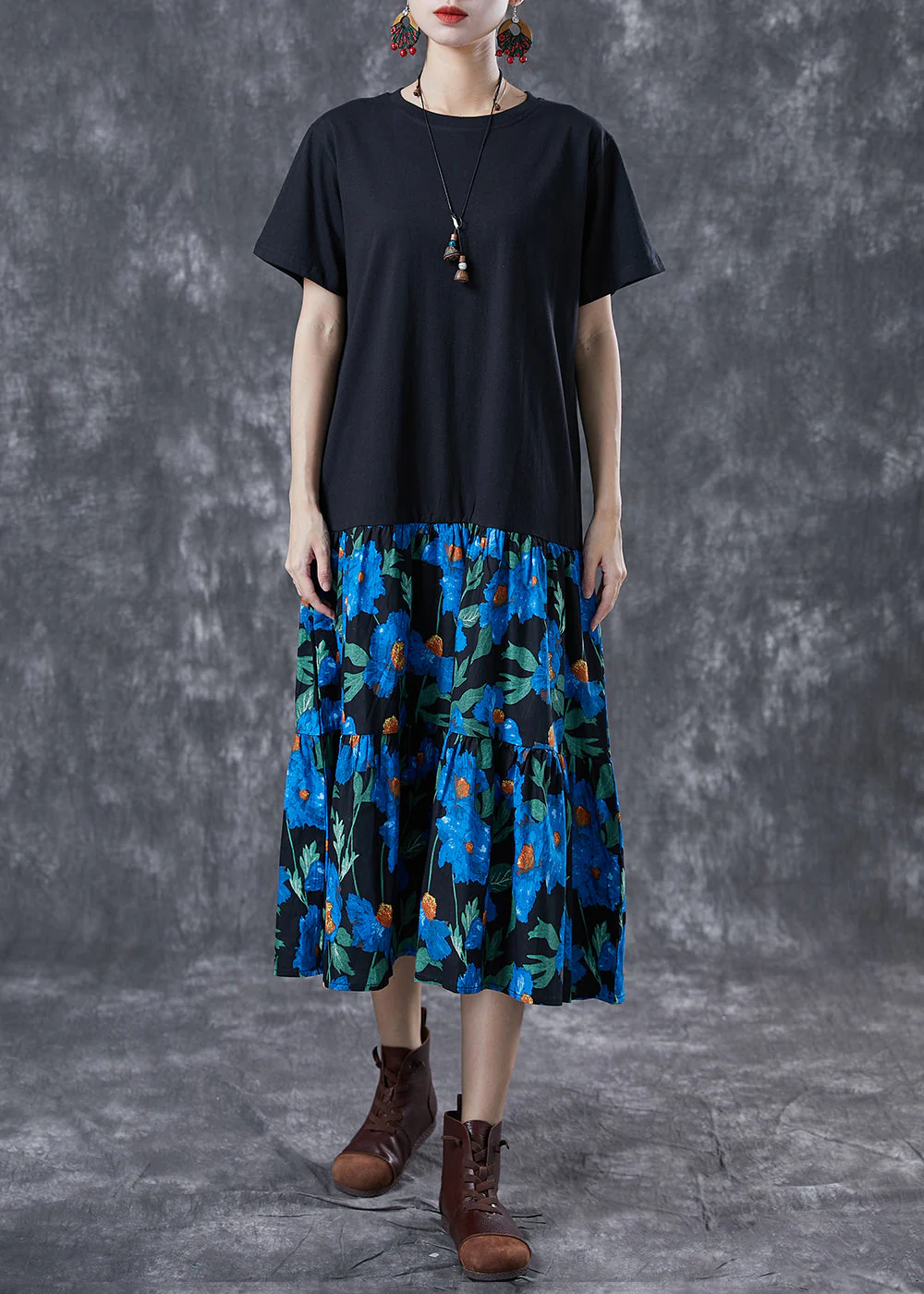 Boutique Black Oversized Patchwork Cotton Vacation Dresses Summer - Image 2