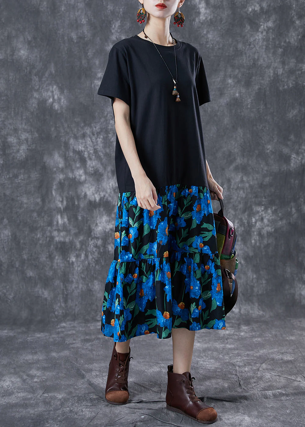 Boutique Black Oversized Patchwork Cotton Vacation Dresses Summer - Image 3