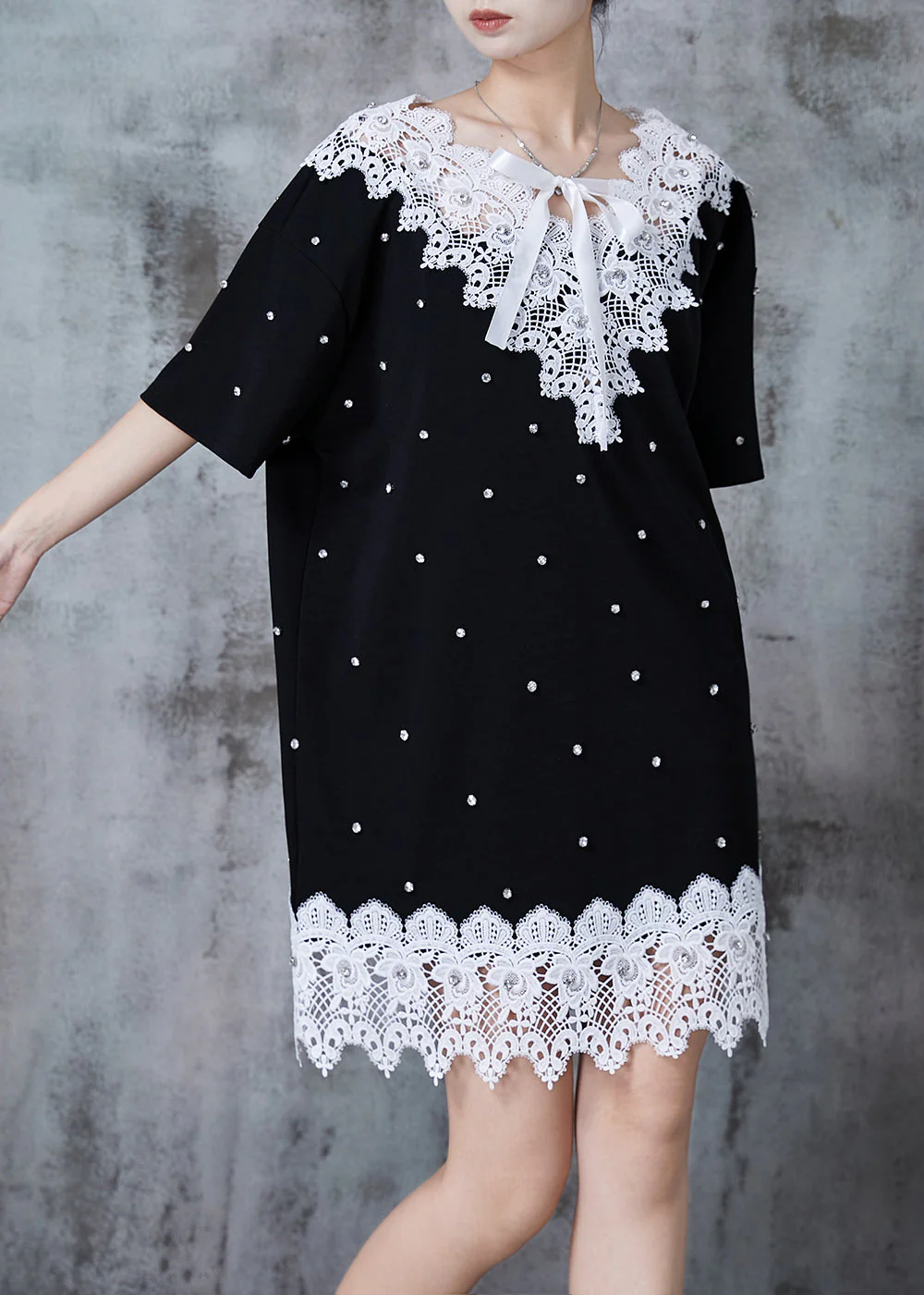 Boutique Black Oversized Patchwork Lace Tea Dresses Summer - Image 2