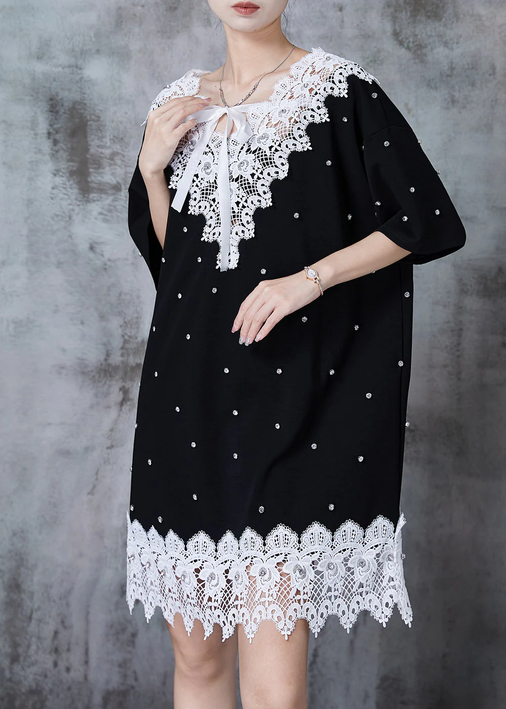 Boutique Black Oversized Patchwork Lace Tea Dresses Summer - Image 3