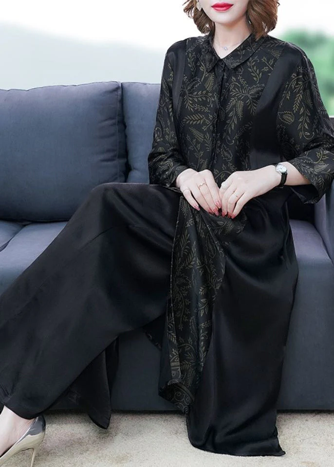 Boutique Black Oversized Patchwork Print Silk Shirt Dress Two Pieces Set Spring - Image 3