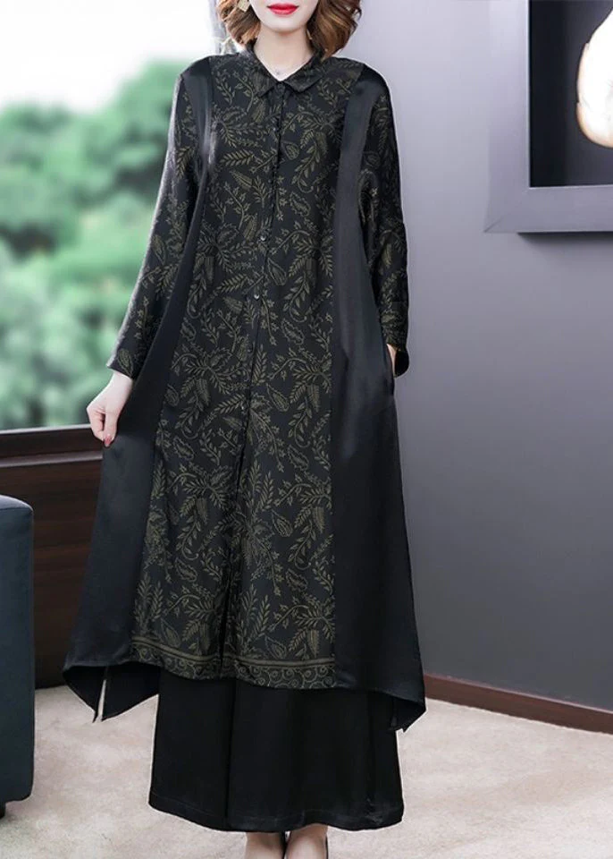 Boutique Black Oversized Patchwork Print Silk Shirt Dress Two Pieces Set Spring - Image 4