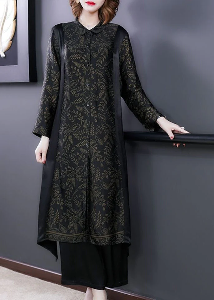 Boutique Black Oversized Patchwork Print Silk Shirt Dress Two Pieces Set Spring - Image 5