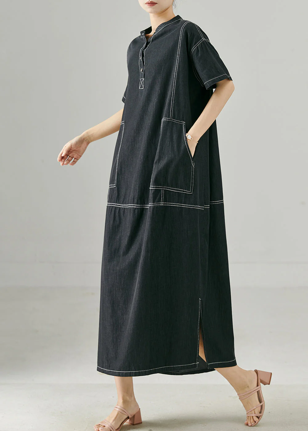 Boutique Black Oversized Side Open Denim Long Dress Summer - Image 3