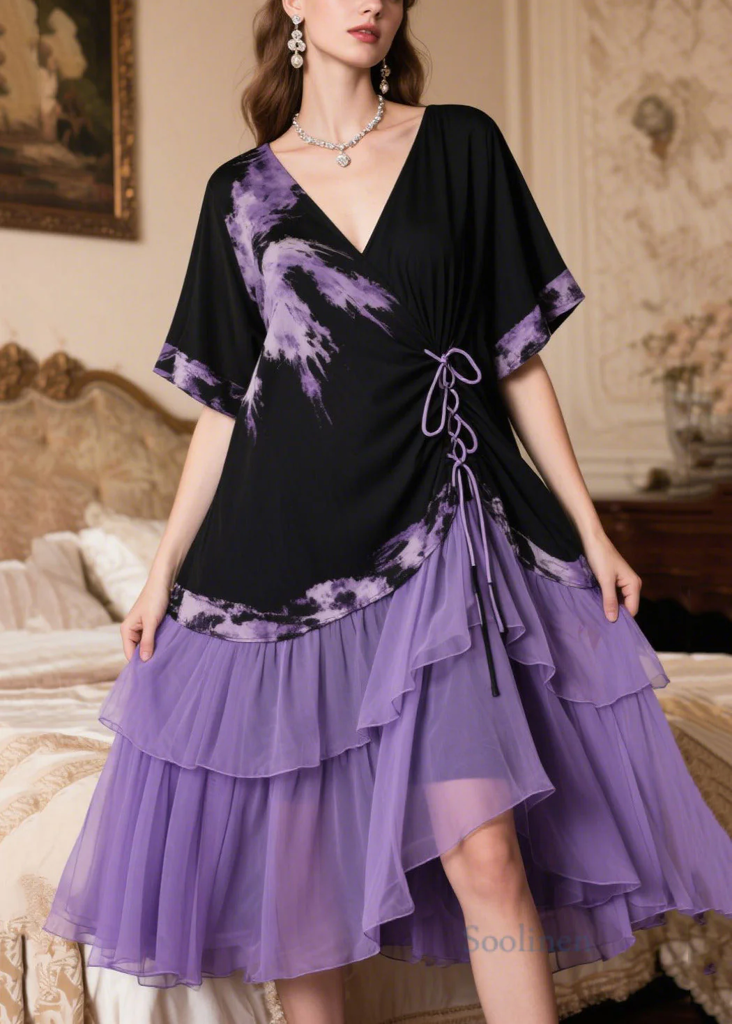 Boutique Black Patchwork Cross Strap Chiffon Tea Dress Summer - Image 3