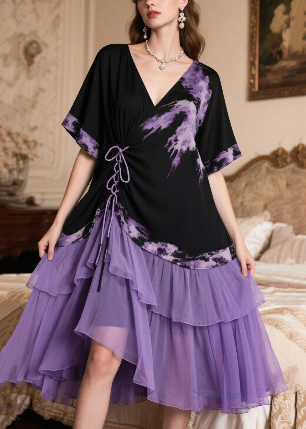 Boutique Black Patchwork Cross Strap Chiffon Tea Dress Summer - Image 5