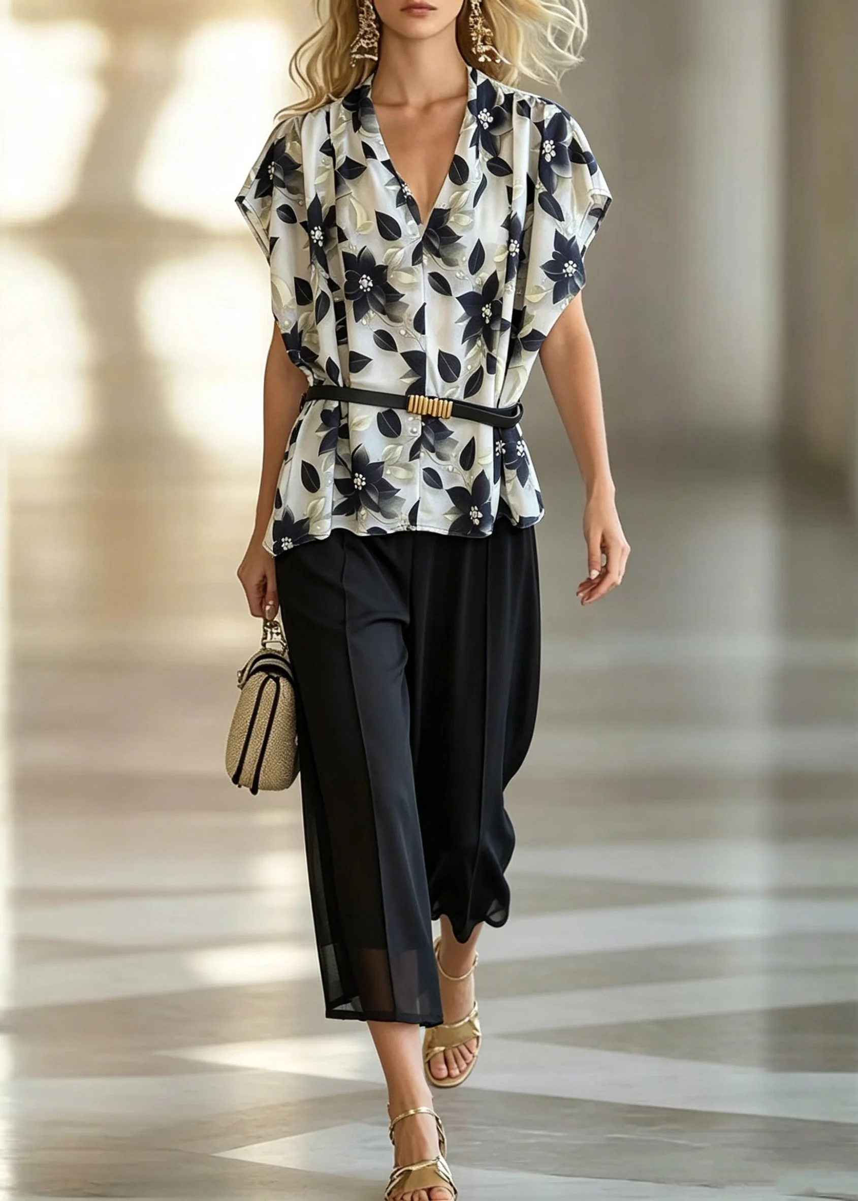 Boutique Black Print Sashes Chiffon Shirt And Crop Pants Two Piece Set Summer - Image 3
