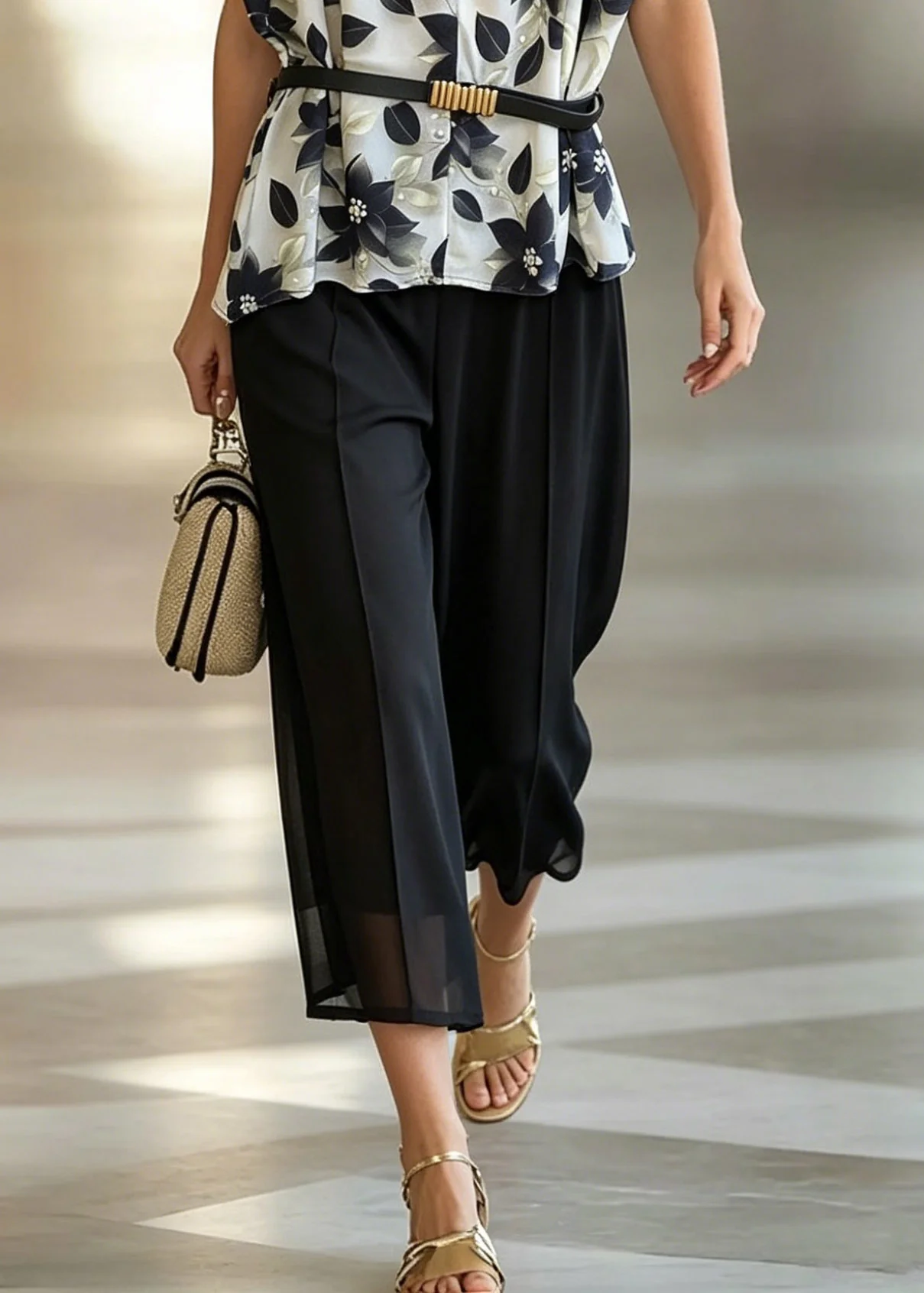 Boutique Black Print Sashes Chiffon Shirt And Crop Pants Two Piece Set Summer - Image 4