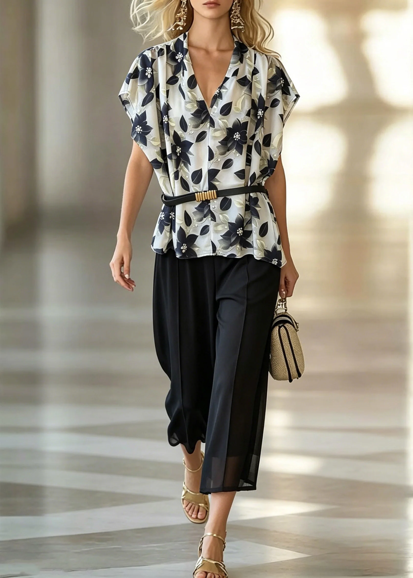 Boutique Black Print Sashes Chiffon Shirt And Crop Pants Two Piece Set Summer - Image 5