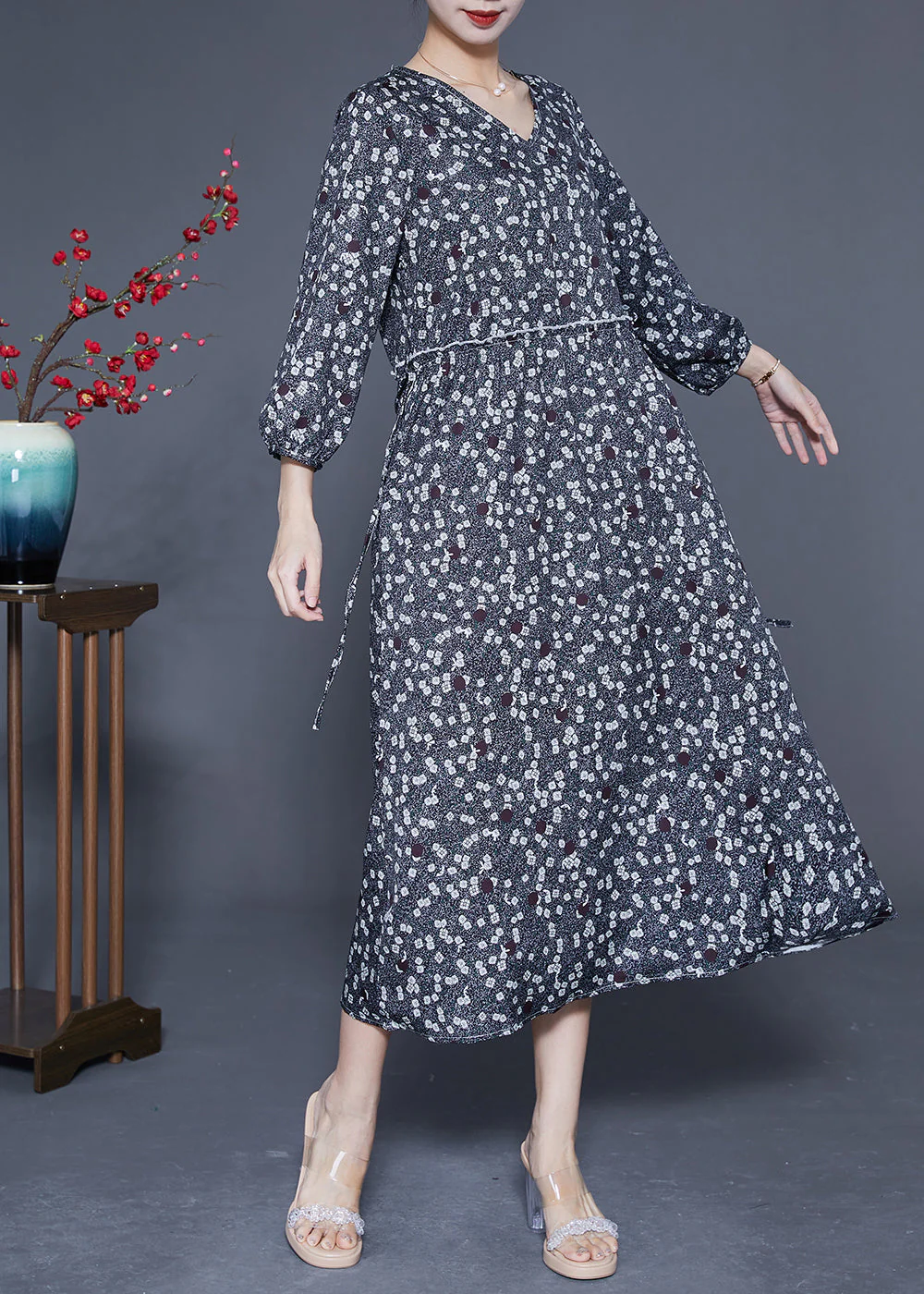 Boutique Black Ruffled Print Chiffon Long Dresses Bracelet Sleeve - Image 2