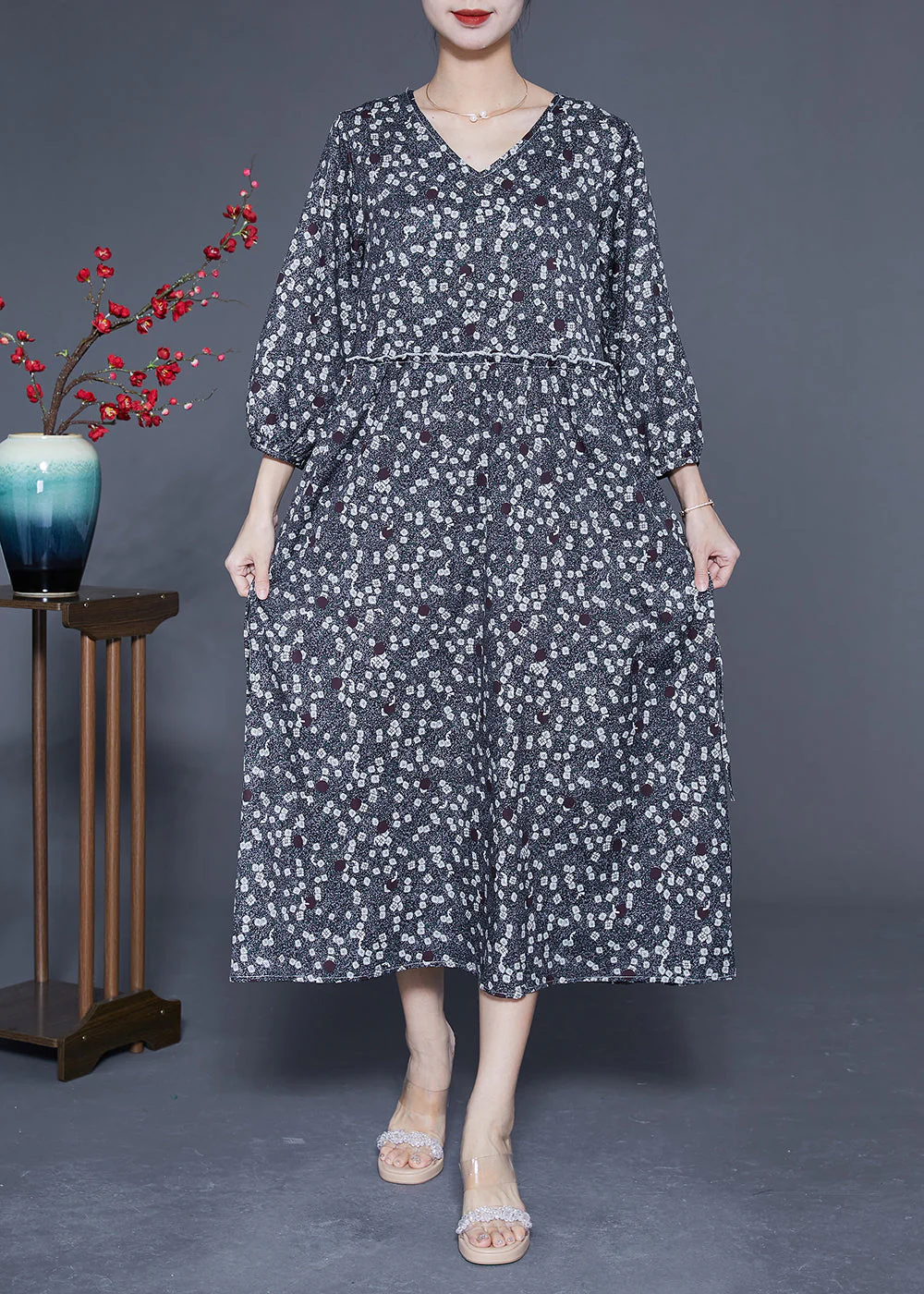 Boutique Black Ruffled Print Chiffon Long Dresses Bracelet Sleeve - Image 3