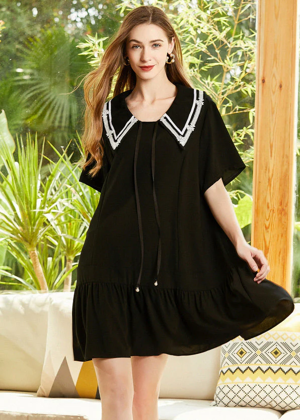 Boutique Black Sailor Collar Lace Up Cotton Party Dress Summer - Image 3