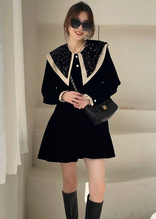 Boutique Black Sequins Patchwork Velour Dress Winter - Image 3