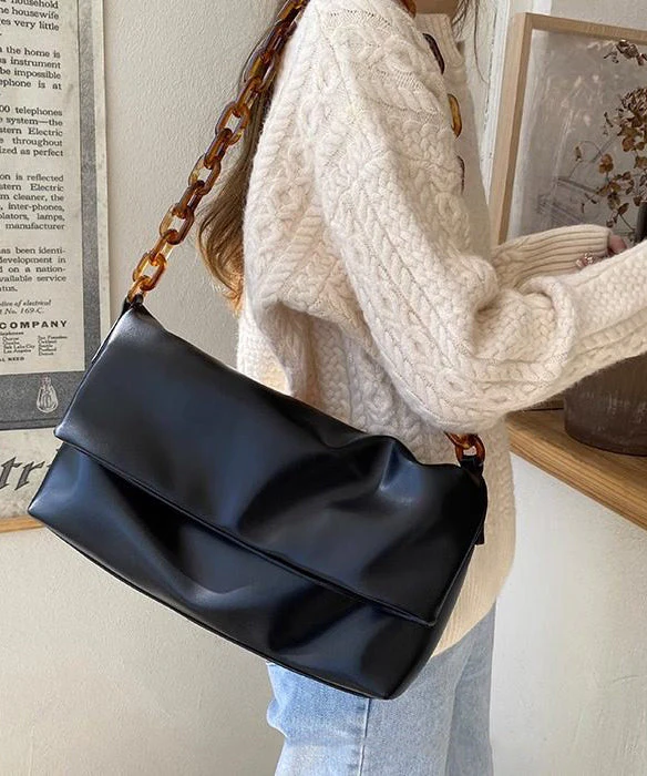 Boutique Black Solid Durable Leather Flap Bag - Image 2