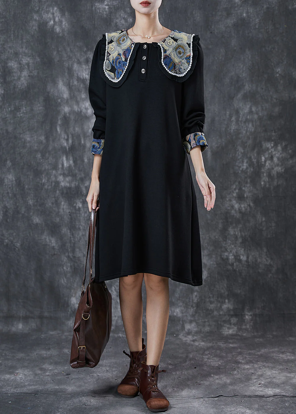 Boutique Black Square Collar Cotton Holiday Dress Spring - Image 4
