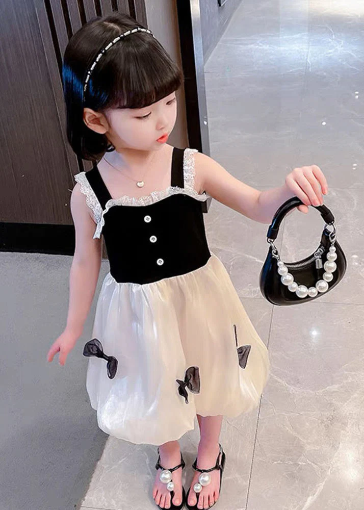 Boutique Black Square Collar Lace Patchwork Bow Silk Girls Vacation Slip Mid Dress Summer - Image 2